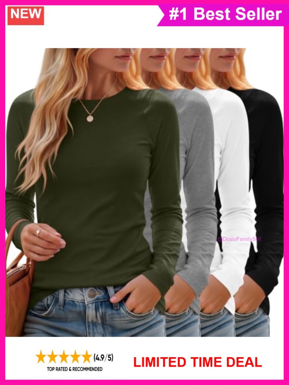 Women's 4 Pack Long Sleeve Crew Neck Cotton Blend Slim Fit Tops Fall Basic Tees